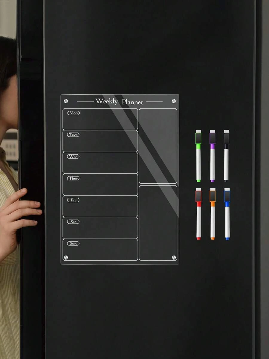 1 pieza Pizarra magnética semanal de acrílico con plan de menú (incluye 6 bolígrafos magnéticos borrables en seco), pizarra blanca reutilizable, planificador semanal, pizarra de menú, pizarra de mensaje transparente y borrable