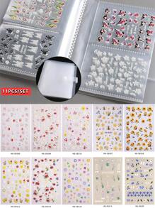 11pcs/Set 1pc 84 Slots Nail Art Stickers Storage Book Empty Album Decals Collecting Organizer Holder Display Notebook Manicure Tools& 10 Sheets New Spring-Themed Nails With Floral Embossed Stickers Featuring Colorful Wildflowers-Romantic, Oil Painting-Inspired, Fresh, Minimalist, And Cute Nail Decals