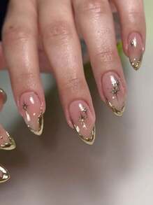 10 sztuk ręcznie robione migdałowe złote asymetryczne francuskie końcówki gwiazda kryształki dekoracyjne eleganckie minimalistyczne modne akrylowe końcówki paznokci naciśnij na paznokcie