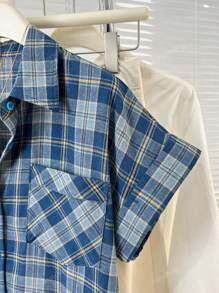 YUXIN Camisa de manga corta con hombros caídos y diseño de cuadros azules versátil y casual para uso diario para mujeres, parte superior de corte holgado, nuevo diseño de verano