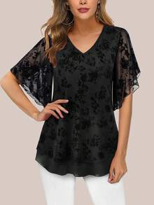 CheersLife Blusas de verano elegantes de doble capa de malla, blusas de túnica para mujer con cuello en V de manga corta para uso casual elegante