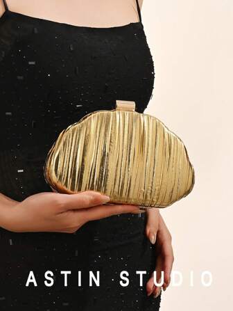 女士简约优质皮革褶皱设计盒状手拿包，奢华闪亮金色晚会手拿包，时尚闪亮贝壳形正式手拿包，适合婚礼、晚会、舞会、圣诞派对