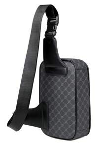 1 pieza Bolso de pecho de hombre con estampado geométrico negro de PU, bolso bandolera casual y de moda adecuado para compras, deportes, vacaciones para hombres y mujeres