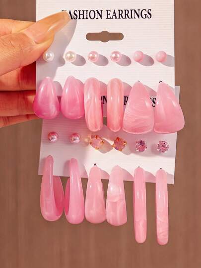 6-12 Pairs Pink Resin Earring Sets Inlaid With Pink Crystal Mini Stud Earrings, Versatile Combo