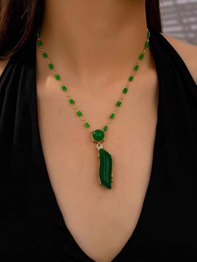 1pc New Style Imitation Jade Necklace For Women, High-Quality Collarbode Chain, Fashionable & Elegant, Suitable As Holiday, Birthday Or Party Gift