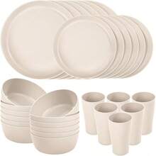EI 24pcs Grey Wheat Straw Dinnerware Set Of 6,Reuasble Unbreakable Dinner Plates,Wheat Plates And Bowls Sets For Camping,Picninc,Family Dinner - 米色 - 查看 1