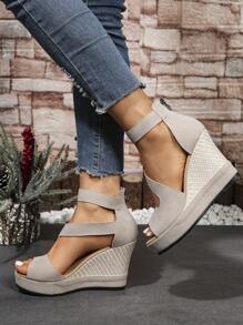 女士新款夏季绒面厚底坡跟露趾凉鞋，镂空露趾拉链高跟凉鞋 - 米色 - 查看 3