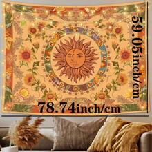 1 peça tapeçaria amarela de sol e lua, tapeçaria vintage boho para pendurar na parede com girassóis, borboletas, mariposas, constelação, tapeçarias de parede estéticas para quarto, dormitório, sala de estar, presentes de aniversário, formatura, decoração de quarto, decoração de parede, decoração de quarto, arte de parede, pôster, decoração de casa, sala de estar, tapeçaria para quarto, bandeira, decoração de quarto