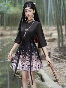 Spring & Summer Elegant Chinese Style Flower Embroidery Hanfu Top Tunic, Halloween