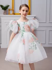 Young Girl Butterfly & Floral Print Tulle Puff Sleeve Elegant Princess Party Dress, Suitable As Birthday Gift, Flower Girl Dress For Wedding, School Performance, Holiday Celebration, Prom