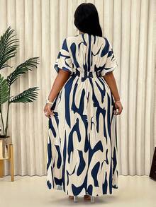 Plus Size Women Geometric Print V-Neck Short Sleeve Casual Dress (Random Floral Pattern) - Blue - View 2