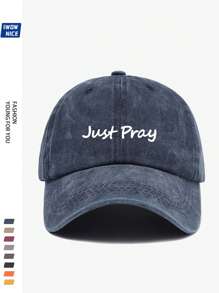 1 件高品质都市风格复古水洗“Just Pray”印花时尚棒球帽男女通用，可调节贴合度，防晒，编织涤纶材料，是送给家人和朋友节日的理想礼物，适合休闲和度假 - A - 查看 6