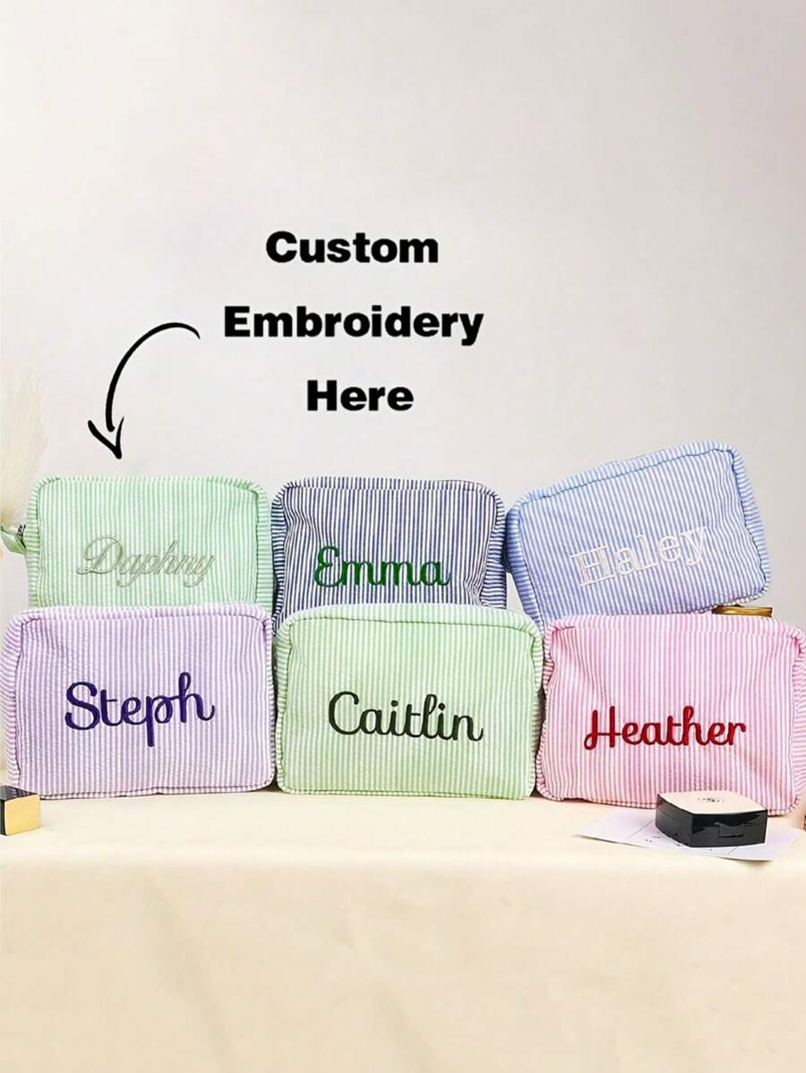 1 pezzo Borsa da viaggio, beauty case, borsa per accessori personalizzata con ricamo a strisce verticali quadrate, adatta per viaggi, scuola, dormitorio, bagno, necessità di casa, regalo per madre e moglie - Multicolore - Visualizzare 1