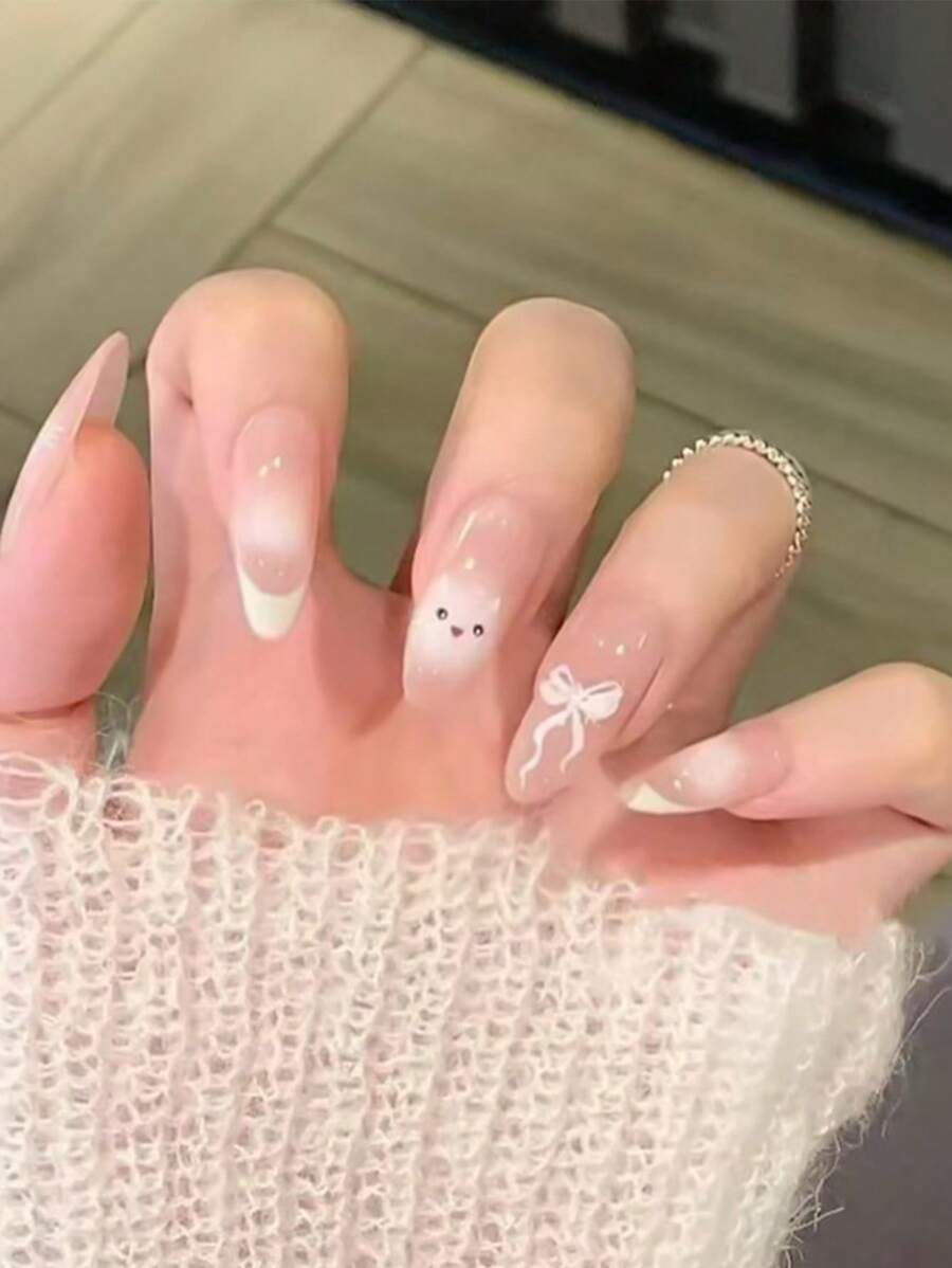 24 Pieces Of Long Almond Shaped Press On Nails Nail Set, French Simple Cute Cat Pattern Summer Nails, Sweet And Fresh DIY Nail Decoration, Suitable For Everyday, Vacation, Travel