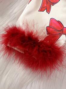 Baby Girls Rompers, Long Sleeve Bow Print Furry Patchwork Button Closure Jumpsuit - Red - View 4