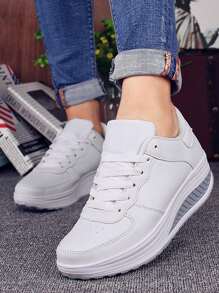 舒适的四季女士坡跟运动鞋 - 防水超细纤维材质，休闲系带，低帮设计 - 白色 - 查看 3