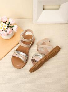 1 Pair Girl's Flat-Bottom Outdoor Beach Sandals, Suitable For Spring/Summer - Khaki - View 4