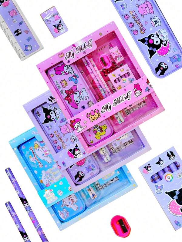 Sanrio 1 Set Kuromis Cinnamorolls My Melodys Deluxe Schreibwaren Geschenkset - beinhaltet Mäppchen, Buntstifte, Lineal, Bleistift, Anspitzer, Radiergummi. Das perfekte Geschenk für den täglichen Gebrauch (einige Teile können zufällig sein)