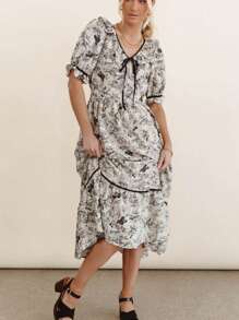 Summer Floral Midi Dress For Party And Dinner - Black and White - View 2