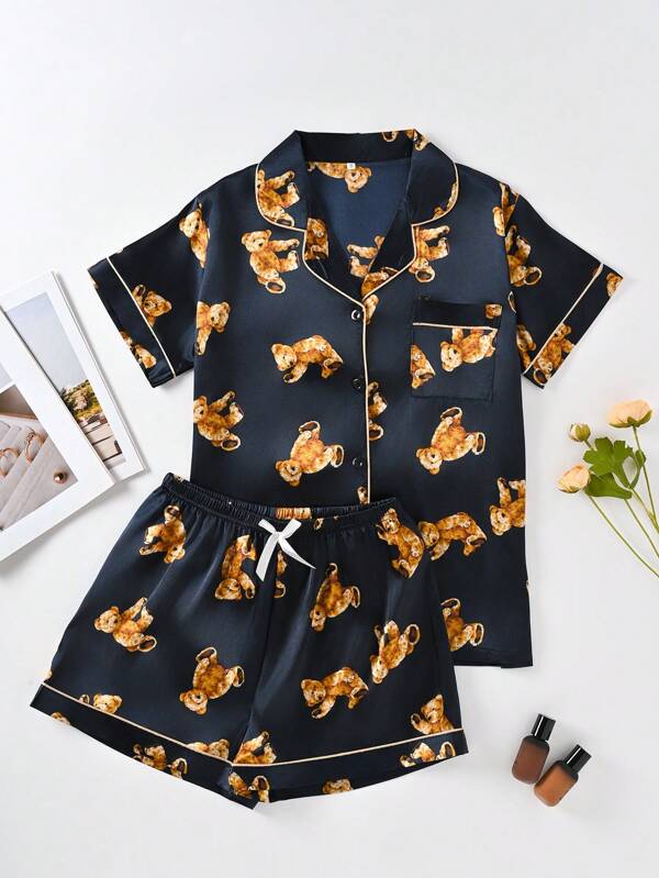 Set de 2 piezas de pijama con pantalón corto y manga corta para mujer, pijama con estampado de animales, apto para uso casual, interior y exterior