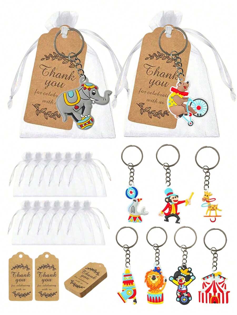 Juego de regalo para fiesta de circo o carnaval, 9 piezas/27 piezas, llavero de dibujos animados de payaso de circo, llavero de PVC, incluye bolsa de tela transparente, etiqueta de agradecimiento, 9 modelos: elefante, jirafa, mono, payaso, león, llavero DIY, llavero creativo, colgante de mochila, accesorio de bolso, llavero de coche, colgante de coche, decoración de billetera - Multicolor - Ver 1