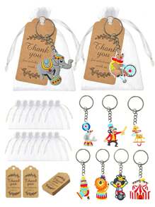 Juego de regalo para fiesta de circo o carnaval, 9 piezas/27 piezas, llavero de dibujos animados de payaso de circo, llavero de PVC, incluye bolsa de tela transparente, etiqueta de agradecimiento, 9 modelos: elefante, jirafa, mono, payaso, león, llavero DIY, llavero creativo, colgante de mochila, accesorio de bolso, llavero de coche, colgante de coche, decoración de billetera - Multicolor - Ver 2