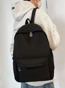 新款春季中小学生纯色百搭背包大容量旅行包简约外出背包男士休闲背包 - 黑色 - 查看 2