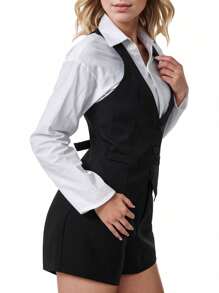 Women Waistcoat Vests, Vintage Sleeveless V Neck Button Down Dressy Suit Blazer Vest - 黑色 - 查看 5