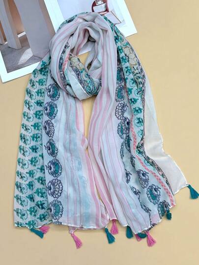 Fashionable Printed Tassel Scarf, Lightweight Breathable Sun Protection, Suitable For Women Casual Outdoor Travel, New Ladies Silk Scarf Beach Towel