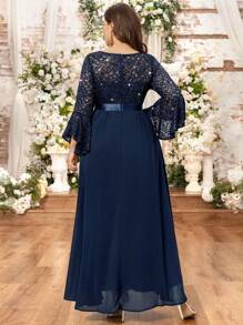 Gaun Panjang Formal Pesta Malam, Gaun Tamu Pernikahan, Gaun Ulang Tahun, Wisuda, Gaun Pesta Malam Formal Elegan dengan Lengan Mengembang Berhiaskan Payet Bunga dan Renda, Bahan Chiffon dengan Hem Berkerut - Navy Blue - View 3