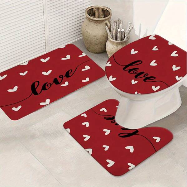 Set de 3 piezas de alfombra de baño de espuma de memoria de lujo, de felpa suave de poliéster, antideslizante, de secado rápido y absorbente, con tapa de inodoro, que contiene elementos de amor, decoración para boda