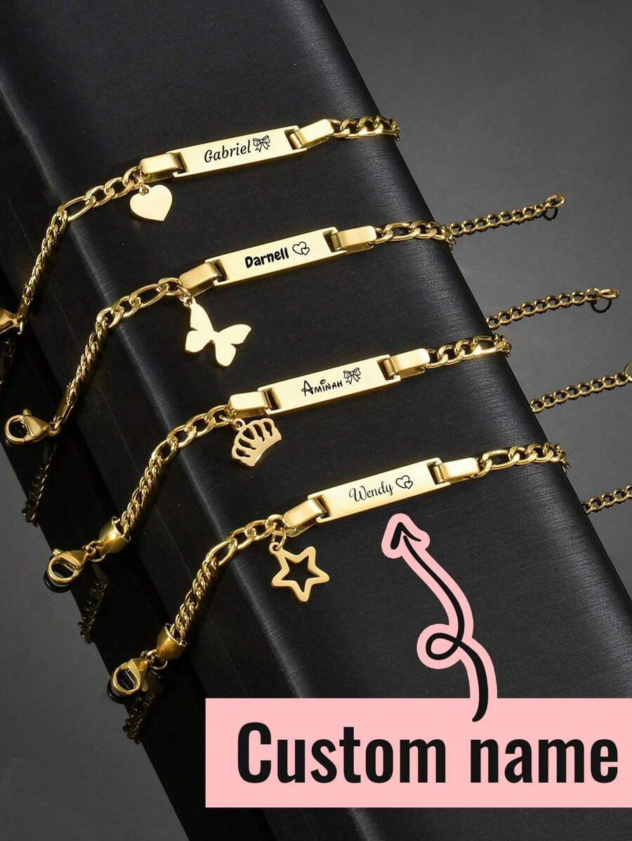 1pc Customized Baby Name Bracelet, Personalized Cute DIY Birthday Gift, Customizable Baby Jewelry, Stainless Steel Hypoallergenic Children's Bracelet, Fun New Year Gift, For Boys/Girls Valentine's Day, Gold/Silver, Crown, Pentagram, Butterfly, Heart - Gold - View 1