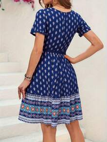 Women's Fashion Print Shirred Waist Short Sleeve Dress - Blue - View 2