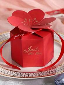 10pcs Creative Flower Petal Candy Box, European Style Wedding Table Gifts Hexagonal Flower Petal Box With Ribbon, Wedding Favor Box