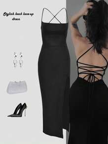 性感纯色交叉露背高开衩连衣裙，夏季休闲派对优雅装扮 - 黑色 - 查看 3