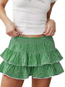 Womens Tiered Ruffled Short Skirts Plaid Print Smocked Waist Lacy Trim Cute Mini Skirts - màu xanh lá - Xem 1