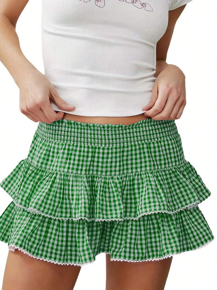 Womens Tiered Ruffled Short Skirts Plaid Print Smocked Waist Lacy Trim Cute Mini Skirts - màu xanh lá - Xem 1