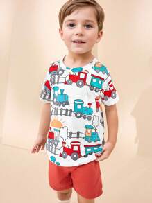 1 件装年轻男孩卡通火车图案圆领短袖 T 恤，休闲户外装，春夏 - 彩色 - 查看 1