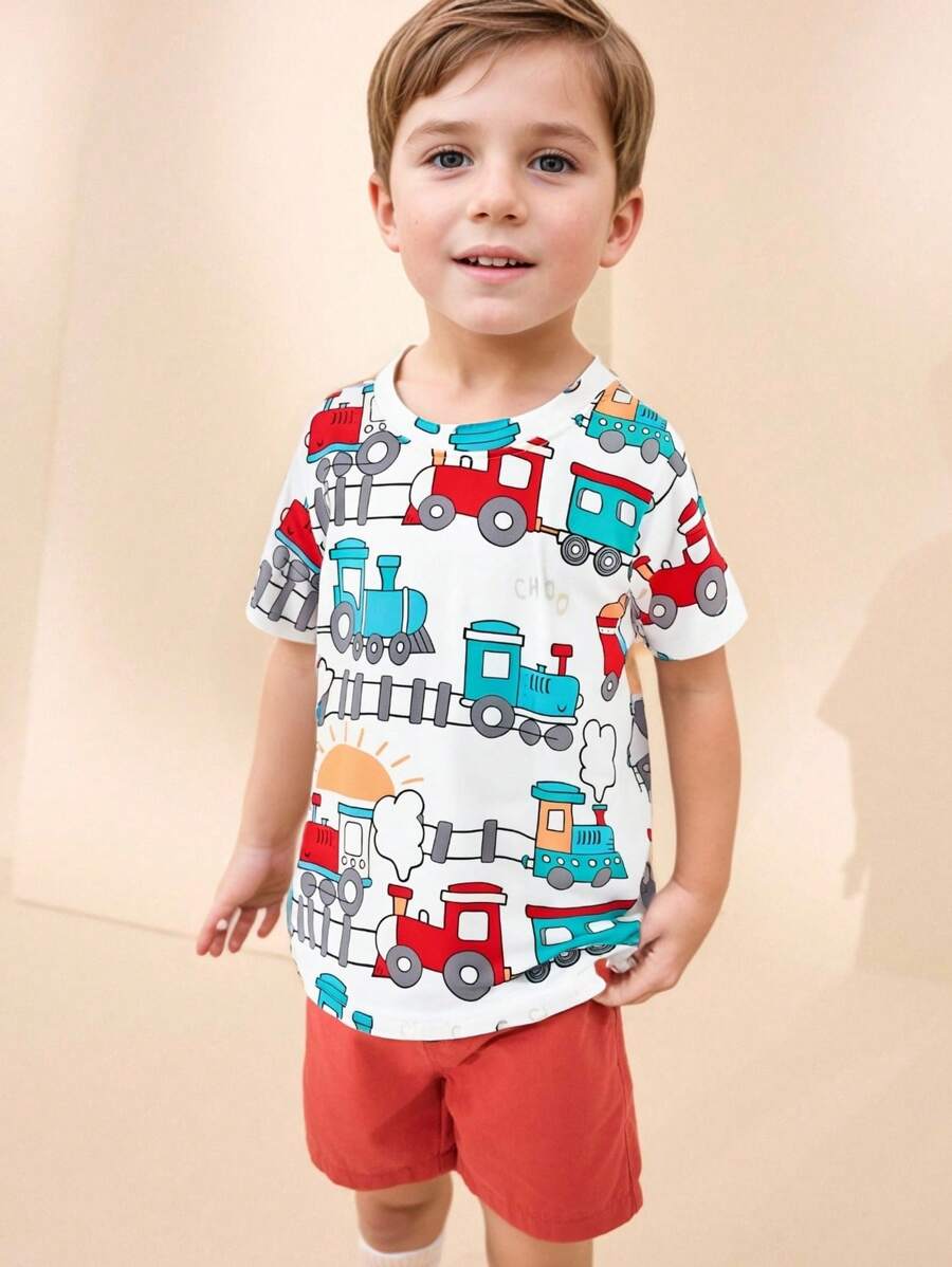 1 件装年轻男孩卡通火车图案圆领短袖 T 恤，休闲户外装，春夏 - 彩色 - 查看 1