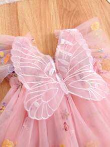 1 pieza Vestido elegante de princesa lindo para niña con adorno de mariposa 3D, manga corta, bordado floral de tul, tutú para fiesta, cumpleaños, vacaciones en la playa, primavera/verano/otoño