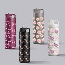1pc Multicolor Flower/Cherry Pattern Fashion Cute Water Cup, Water Bottle, Stainless Steel Insulated Coffee Cup, Portable Carrying Handle, Travel Water Cup, Fitness, Home, Business Water Cup, Unisex Water Bottle, For Outdoor, Camping, Mother's Day Gift