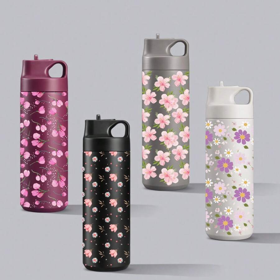 1pc Multicolor Flower/Cherry Pattern Fashion Cute Water Cup, Water Bottle, Stainless Steel Insulated Coffee Cup, Portable Carrying Handle, Travel Water Cup, Fitness, Home, Business Water Cup, Unisex Water Bottle, For Outdoor, Camping, Mother's Day Gift