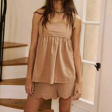 Conjunto informal de 2 piezas para mujer, top de tirantes con adorno de puntilla + short, ropa de estar en casa - Caqui - Ver 1
