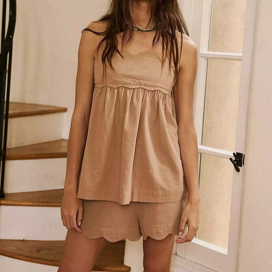 Conjunto informal de 2 piezas para mujer, top de tirantes con adorno de puntilla + short, ropa de estar en casa - Caqui - Ver 1