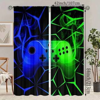 2pcs Modern Blue & Green Video Game Controller Printed Curtain With Pocket, Digital Printing Polyester Curtains, Suitable For Living Room, Bedroom, Dining Room, Gaming Room, Home Decoration