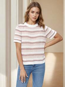 GIGOGOU New Women's Summer Striped Short Sleeve Hollow Out Knit T-Shirt - Pink - View 4