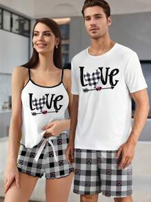 Set de lenjerie de dormit pentru femei, cupluri asortate cu litere ușoare de vară, vestă și pantaloni scurți cu inimă și săgeți, pijamale