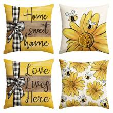 Home Sweet Home Bee Sunflower Throw Pillow Covers, Bedroom Decoration 18 X 18 Inch Love Lives Here Summer Stripes Cushion Case For Sofa Couch Set Of 4