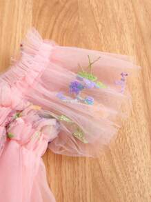 1 pieza Vestido elegante de princesa lindo para niña con adorno de mariposa 3D, manga corta, bordado floral de tul, tutú para fiesta, cumpleaños, vacaciones en la playa, primavera/verano/otoño