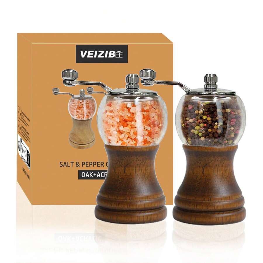 Pepper Mills Classical  Manual Pepper Grinder Set Hand Shake Salt Mill Wood Acrylic Ceramic Blades Metal Handle  (Antique Color 2Pcs Set)